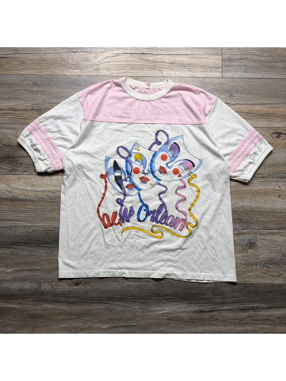 80’s Vintage New Orleans Graphic T-Shirt with Pink Yoke and Sleeve Stripes